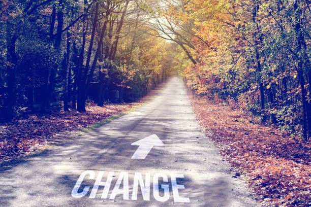 A road and an arrow point in the direction of change